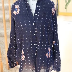Ann Taylor Navy Blue sheer blouse with Flowers